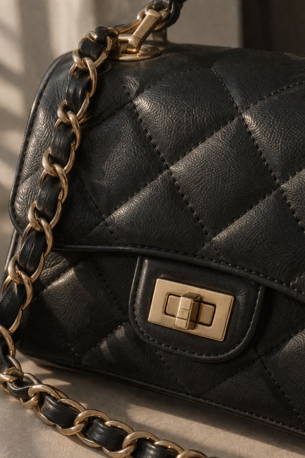 Quill Quilted Chain Bag in Black — detail