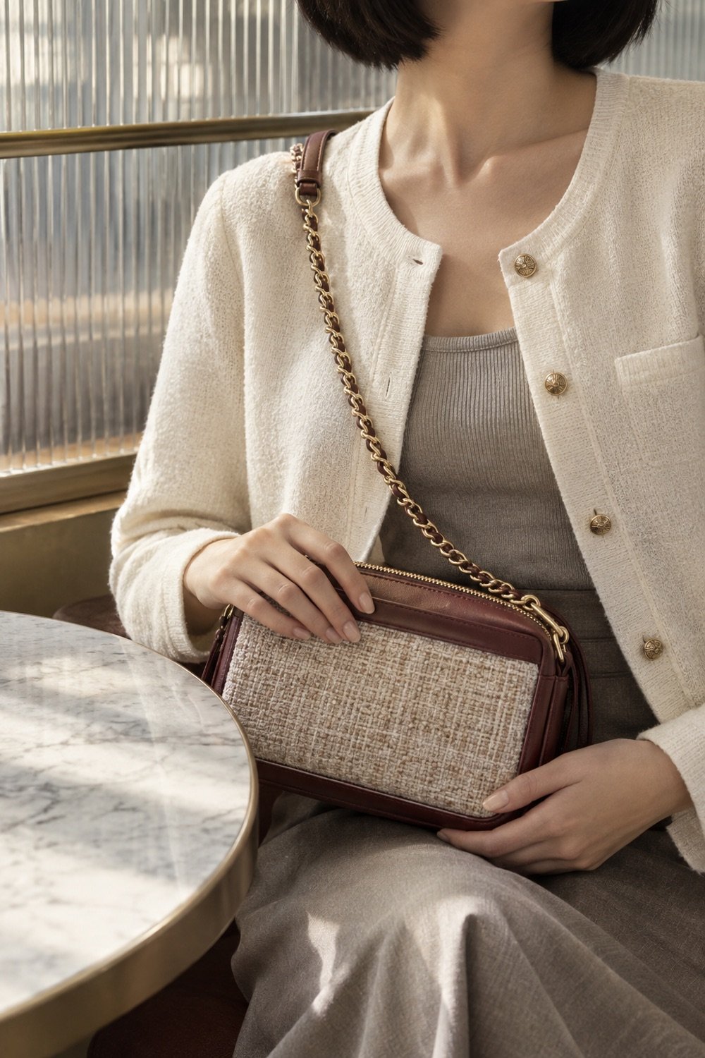 Aldwyn Tweed-Panel Bag in Oatmeal tweed / black — second view