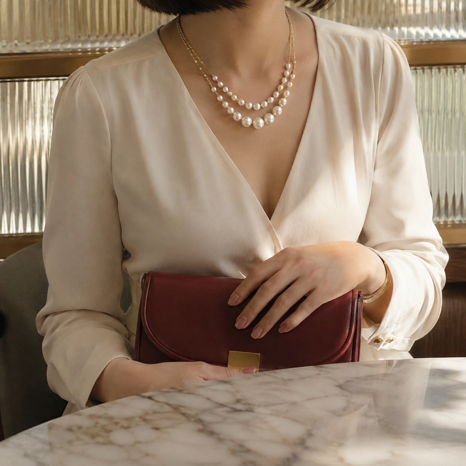 Fenn Layered Pearl Necklace in Ivory / gold-tone — detail
