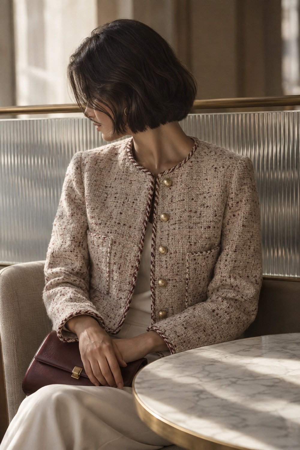 Marlow Braided-Trim Cropped Jacket in Oatmeal / oxblood fleck