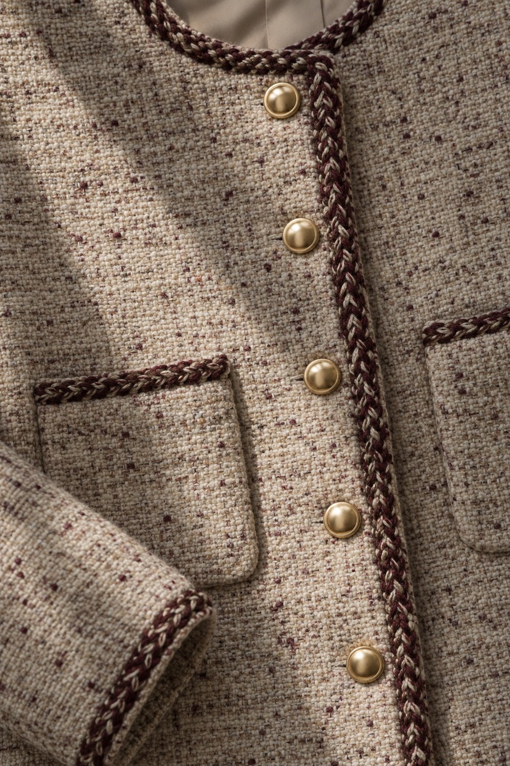 Marlow Braided-Trim Cropped Jacket in Oatmeal / oxblood fleck — detail