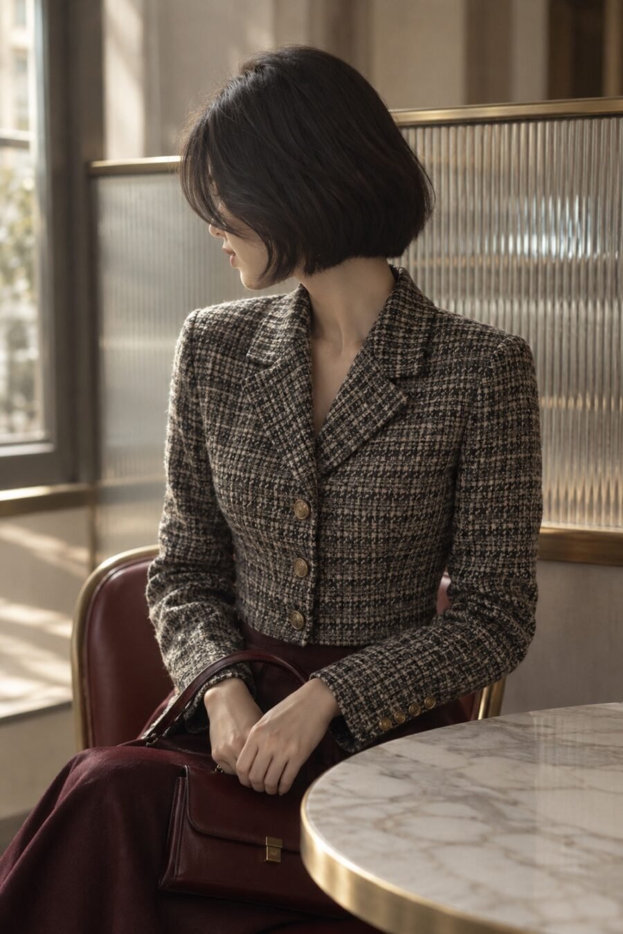 Ardwell Cropped Tweed Blazer in Charcoal / cream check