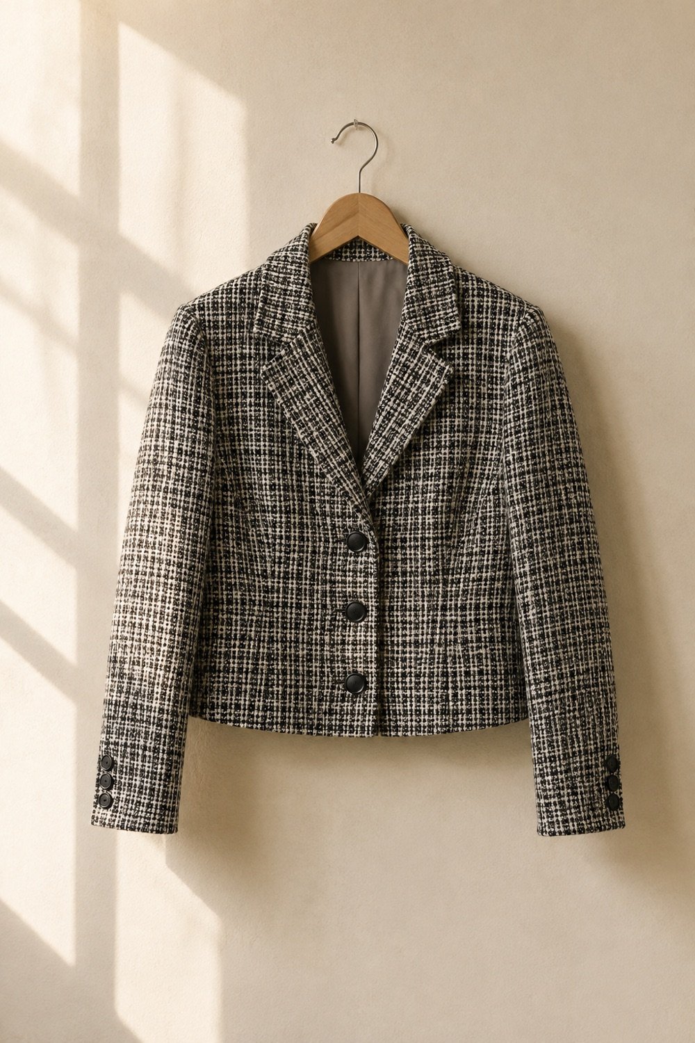 Ardwell Cropped Tweed Blazer in Charcoal / cream check — second view