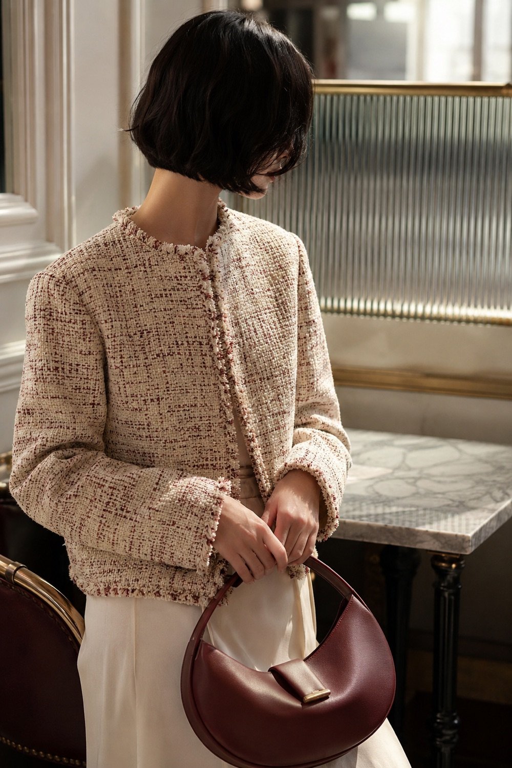 Pell Frayed-Edge Tweed Jacket in Cream / rust