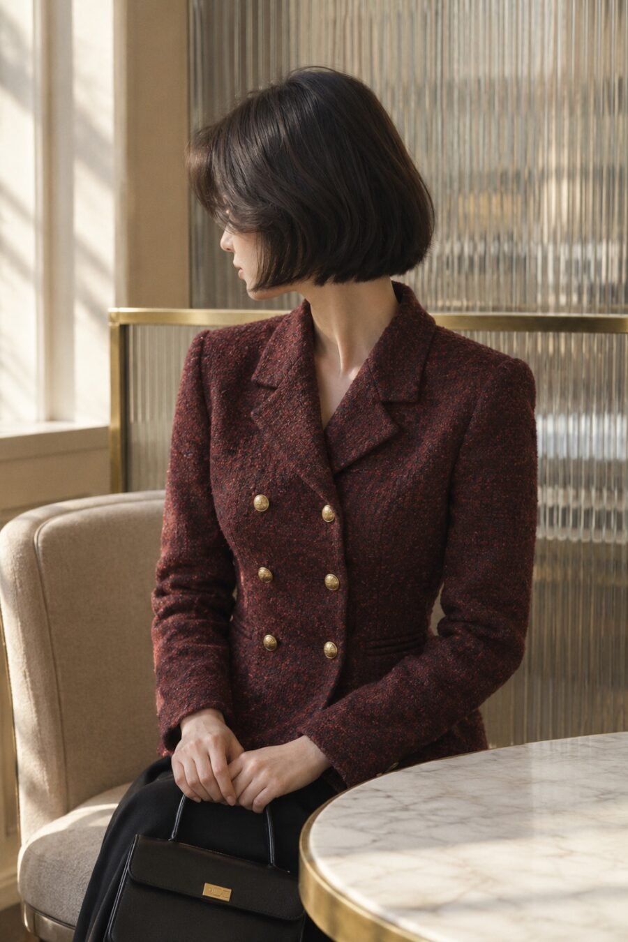 Vanner Gold-Button Tweed Jacket in Oxblood / black fleck