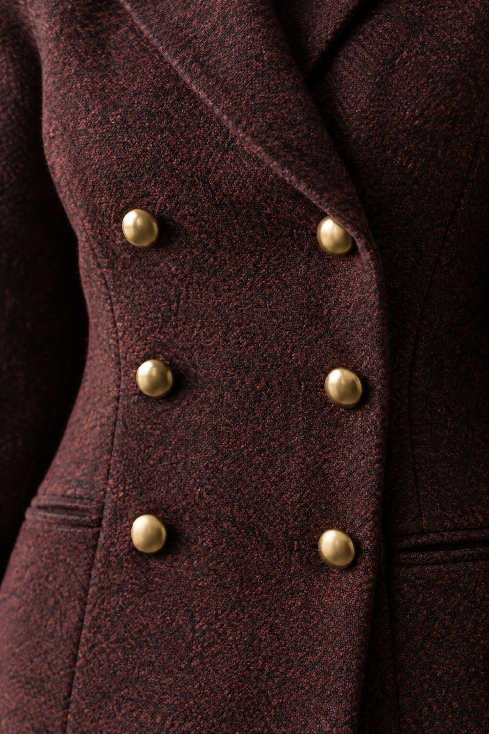 Vanner Gold-Button Tweed Jacket in Oxblood / black fleck — detail