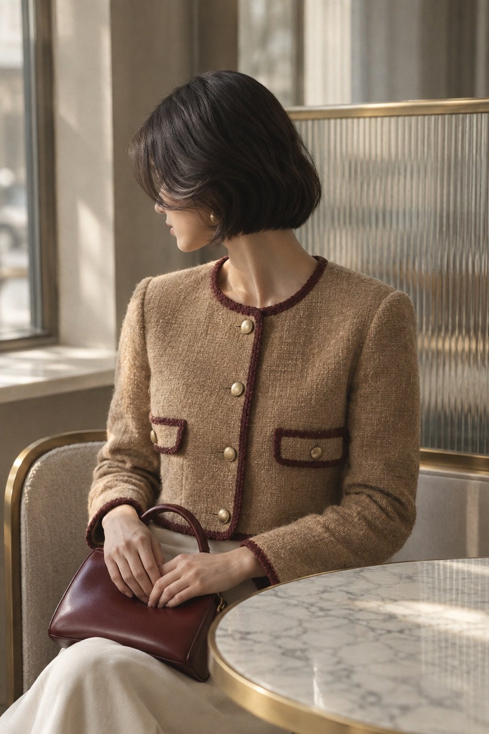 Garrow Contrast-Trim Jacket in Camel / oxblood trim