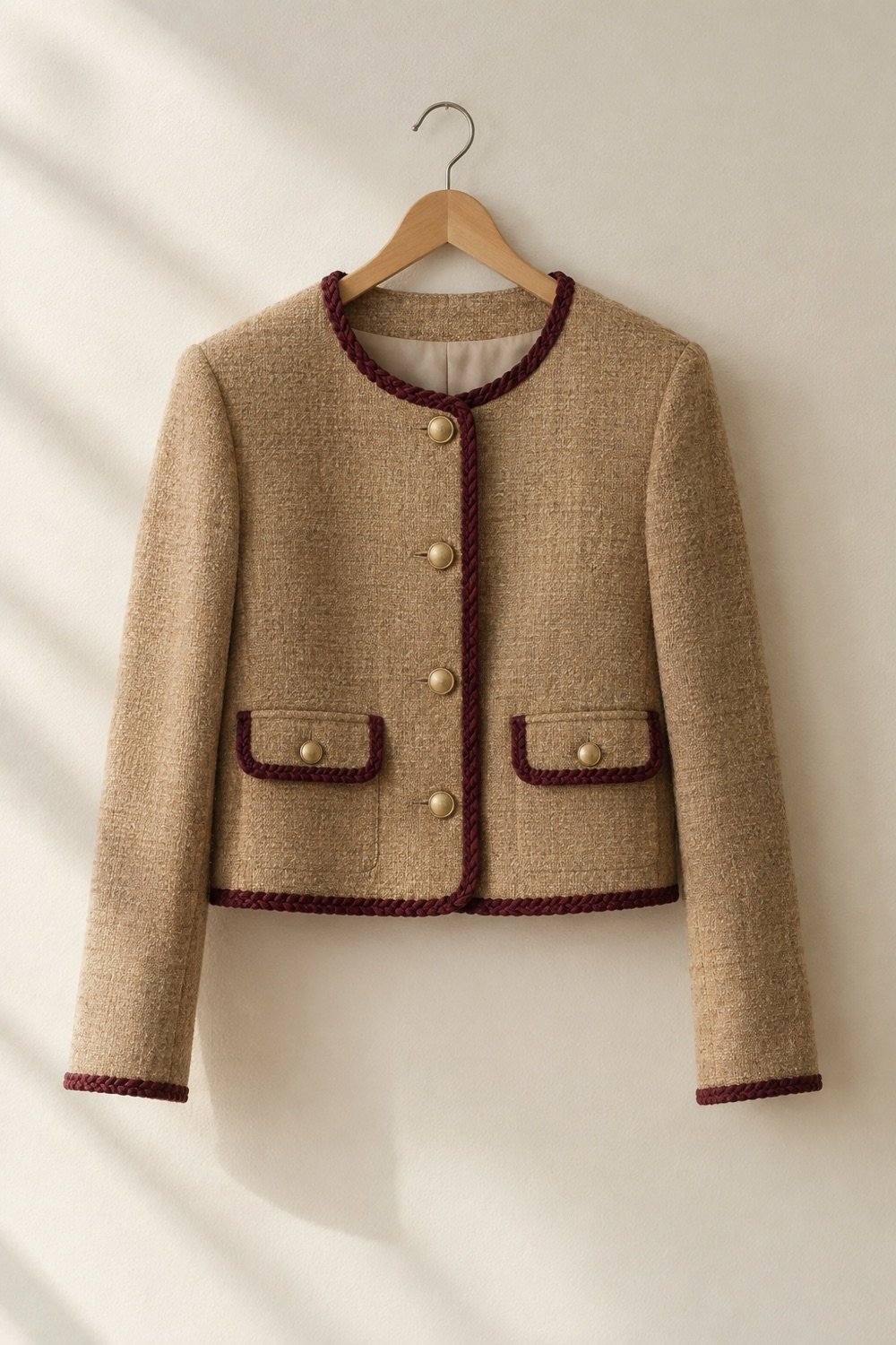 Garrow Contrast-Trim Jacket in Camel / oxblood trim — second view