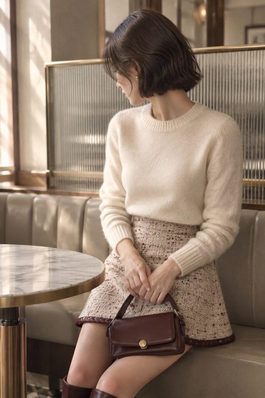 Marlow A-Line Tweed Mini in Oatmeal / oxblood fleck