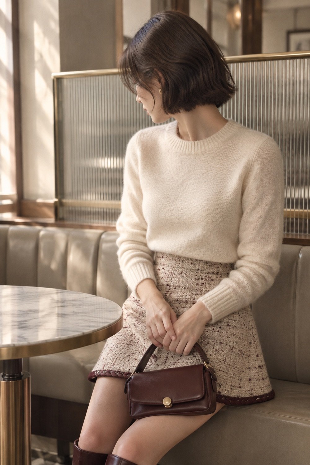 Marlow A-Line Tweed Mini in Oatmeal / oxblood fleck