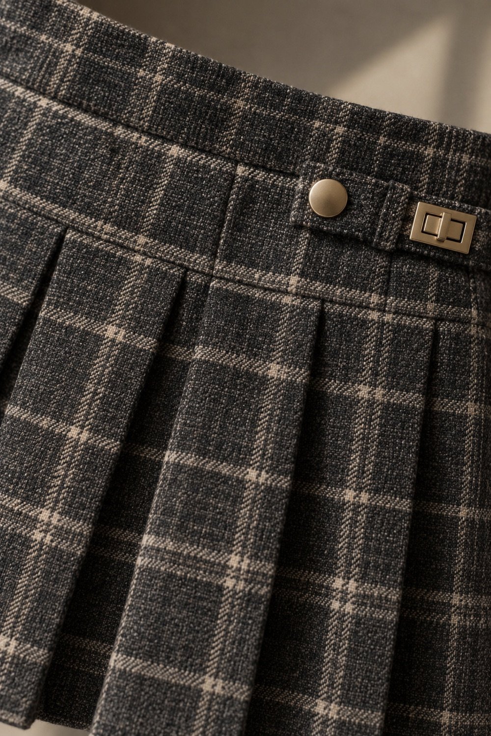 Ardwell Pleated Tweed Mini in Charcoal / cream check — detail