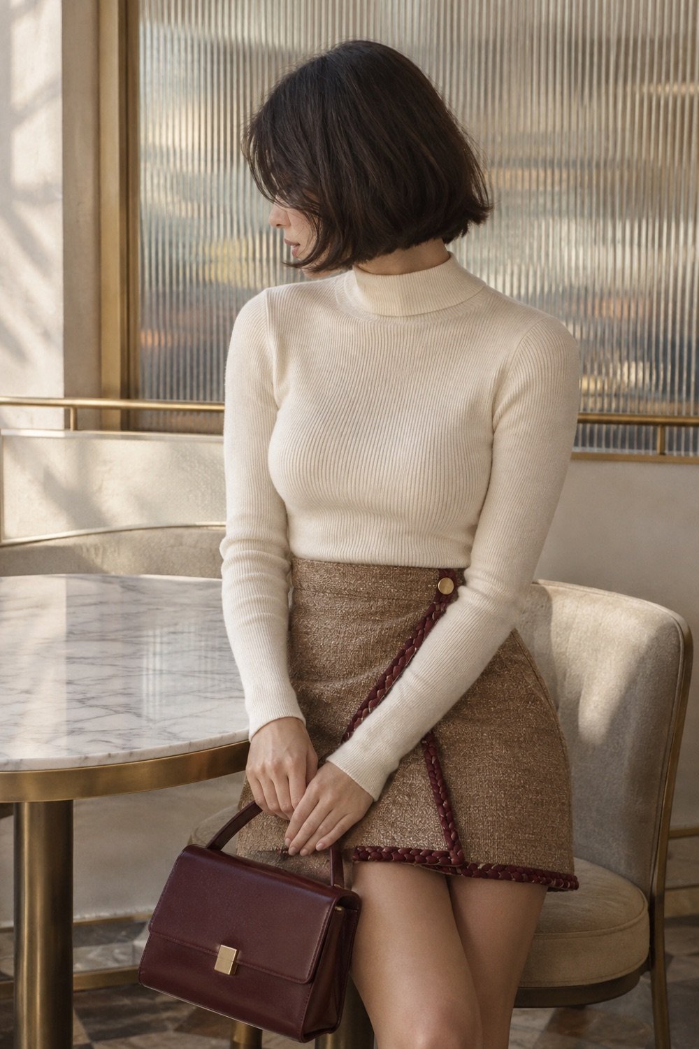 Garrow Wrap-Front Mini in Camel / oxblood trim