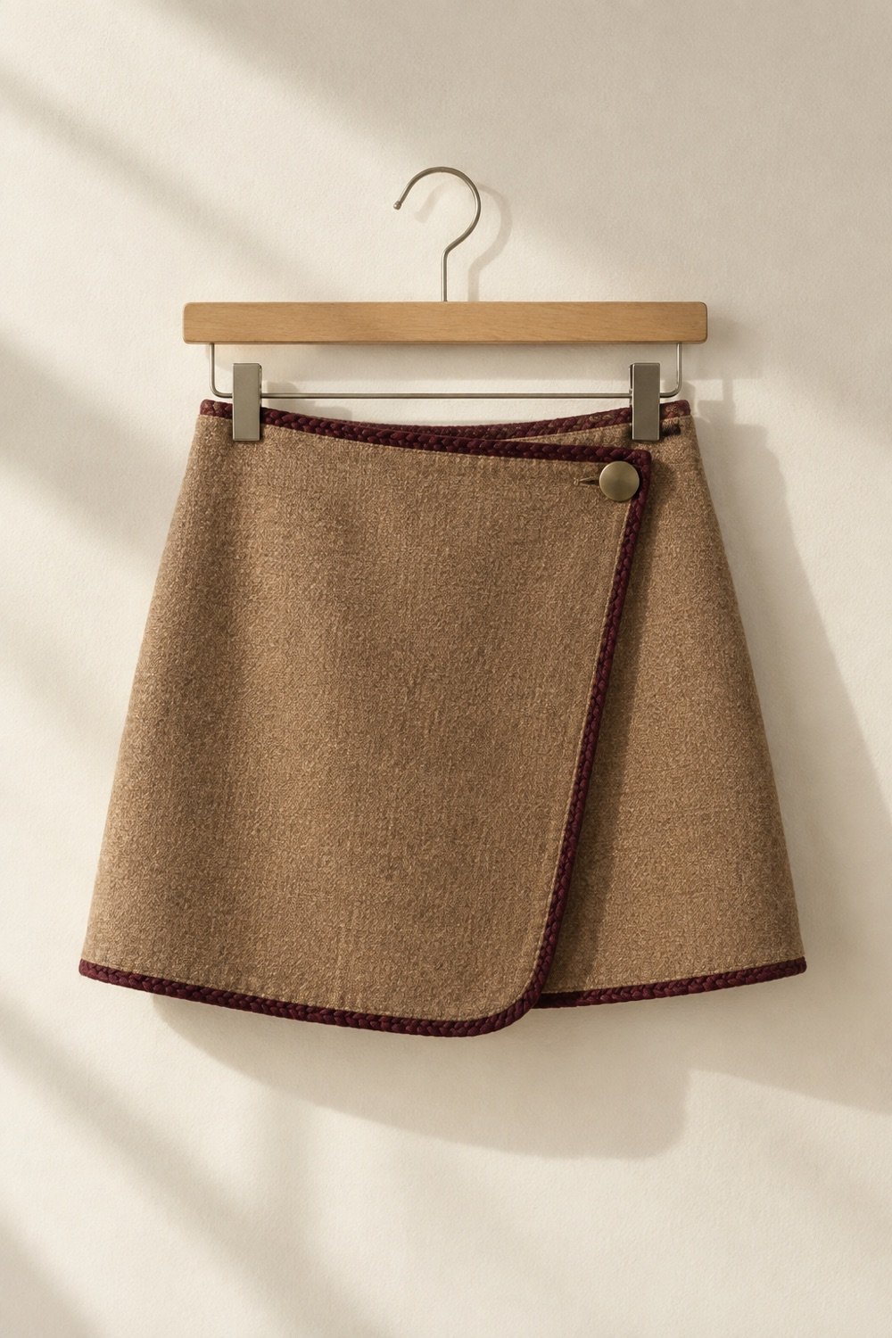 Garrow Wrap-Front Mini in Camel / oxblood trim — second view