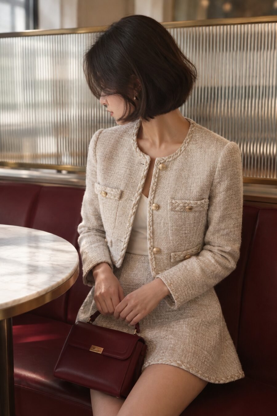 Marlow Two-Piece Set in Oatmeal / oxblood fleck