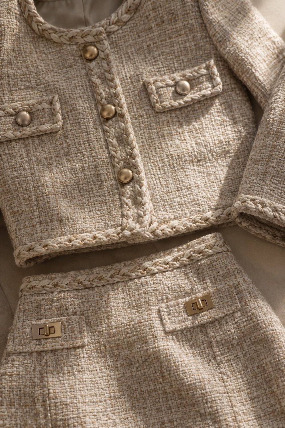 Marlow Two-Piece Set in Oatmeal / oxblood fleck — detail